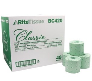 Standard recycled toilet paper - 2 ply virgin paper - 3" width - 48 rolls of 420 sheets