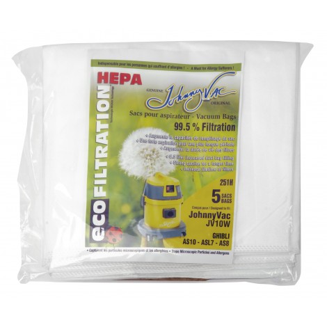 [251H] Sac microfiltre HEPA pour aspirateur Johnny Vac modèles JV10W et Ghibli AS10, ASL7, AS8 - paquet de 5 sacs
